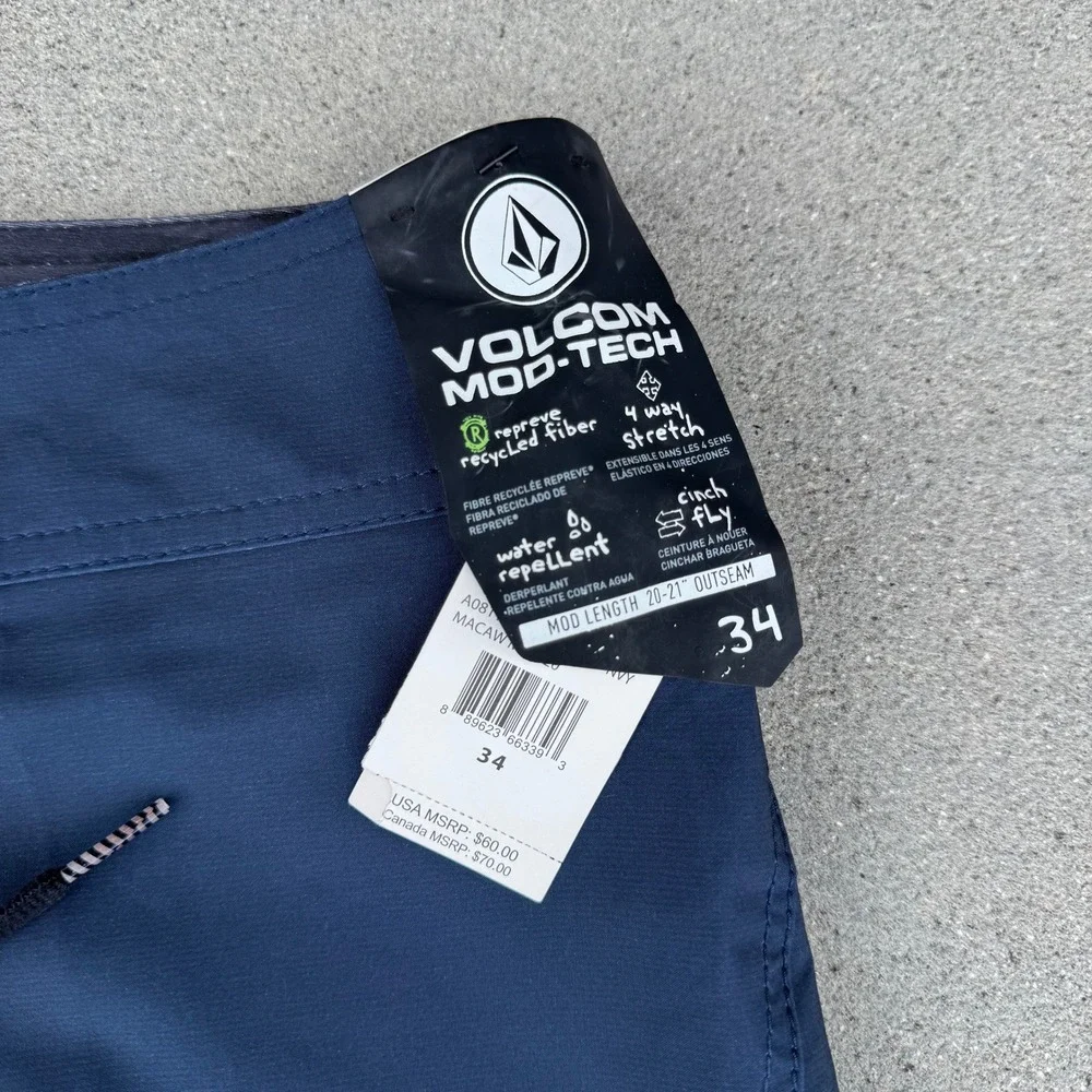 Volcom Mod-Tech Board Shorts Mens 34‎ Navy Blue Stripe 4-Way Stretch NEW